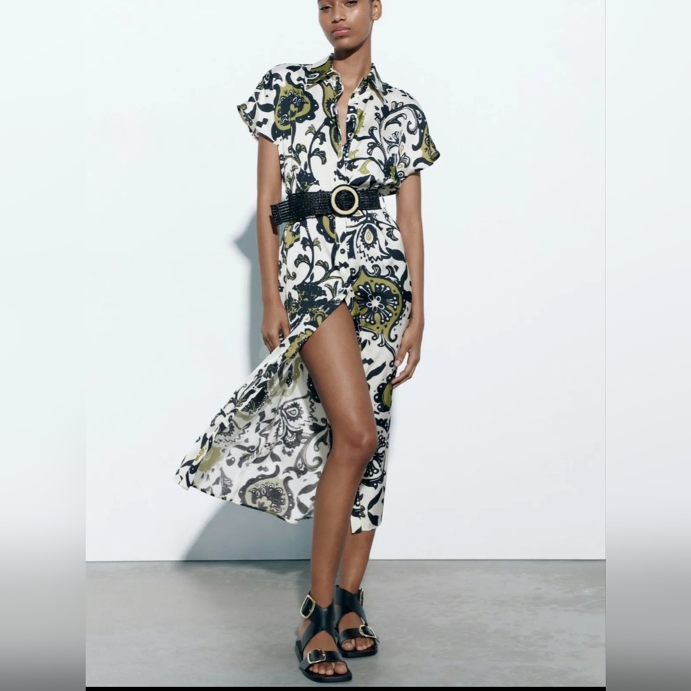 ZARA MIDI BELTED PRINTED PAISLEY DRESS